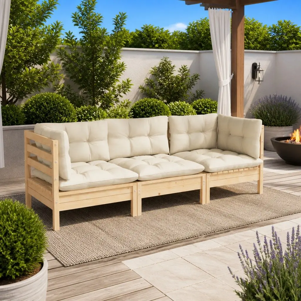 3-Seater Garden Sofa Outdoor Patio Furniture Modular Pinewood Cream Cushions