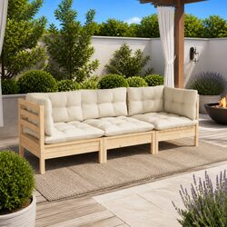 3-Seater Garden Sofa Cream Cushions Outdoor Patio Furniture Modular Pinewood