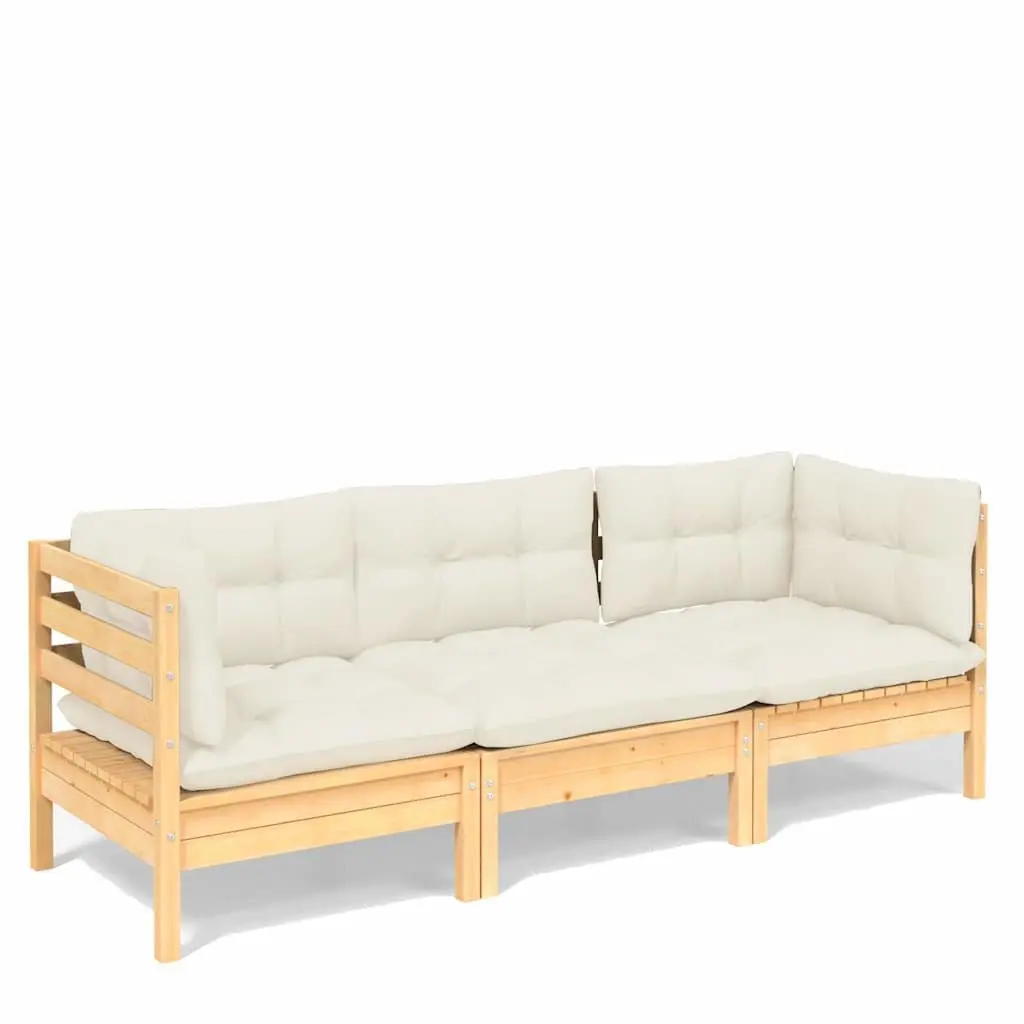 3-Seater Garden Sofa Outdoor Patio Furniture Modular Pinewood Cream Cushions