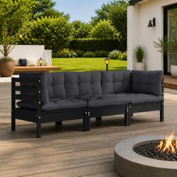 3-Seater Modular Garden Sofa: Pinewood, Black, Cushions