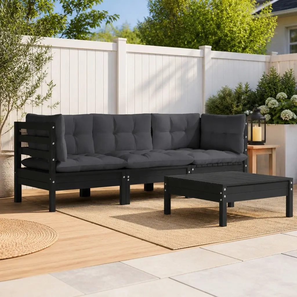 Garden Lounge Set 4 Piece Outdoor Patio Furniture with Cushions Pinewood Black