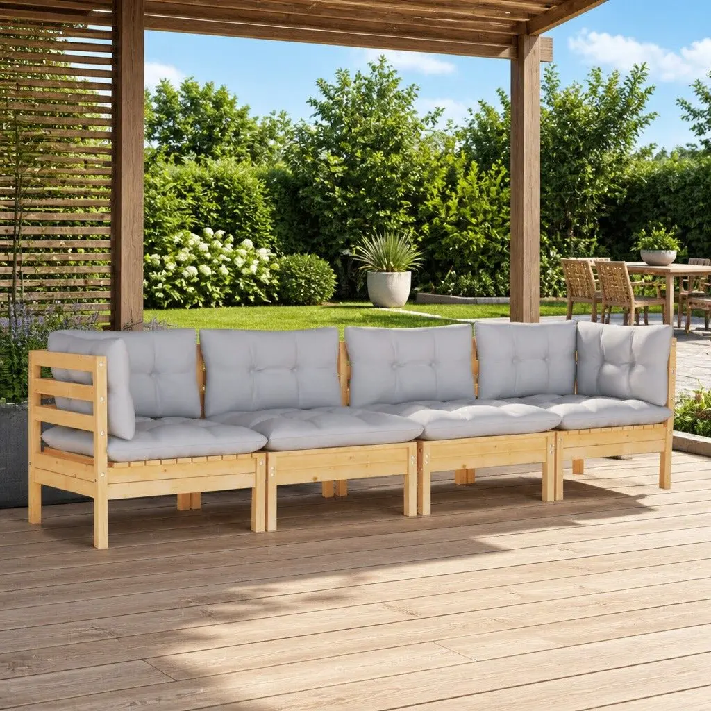 Garden Lounge Set Outdoor Patio Furniture 4 Piece Grey Cushions Pinewood