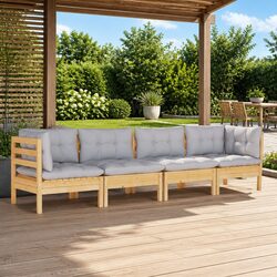 4 Piece Modular Garden Lounge Set: Pinewood & Grey Cushions