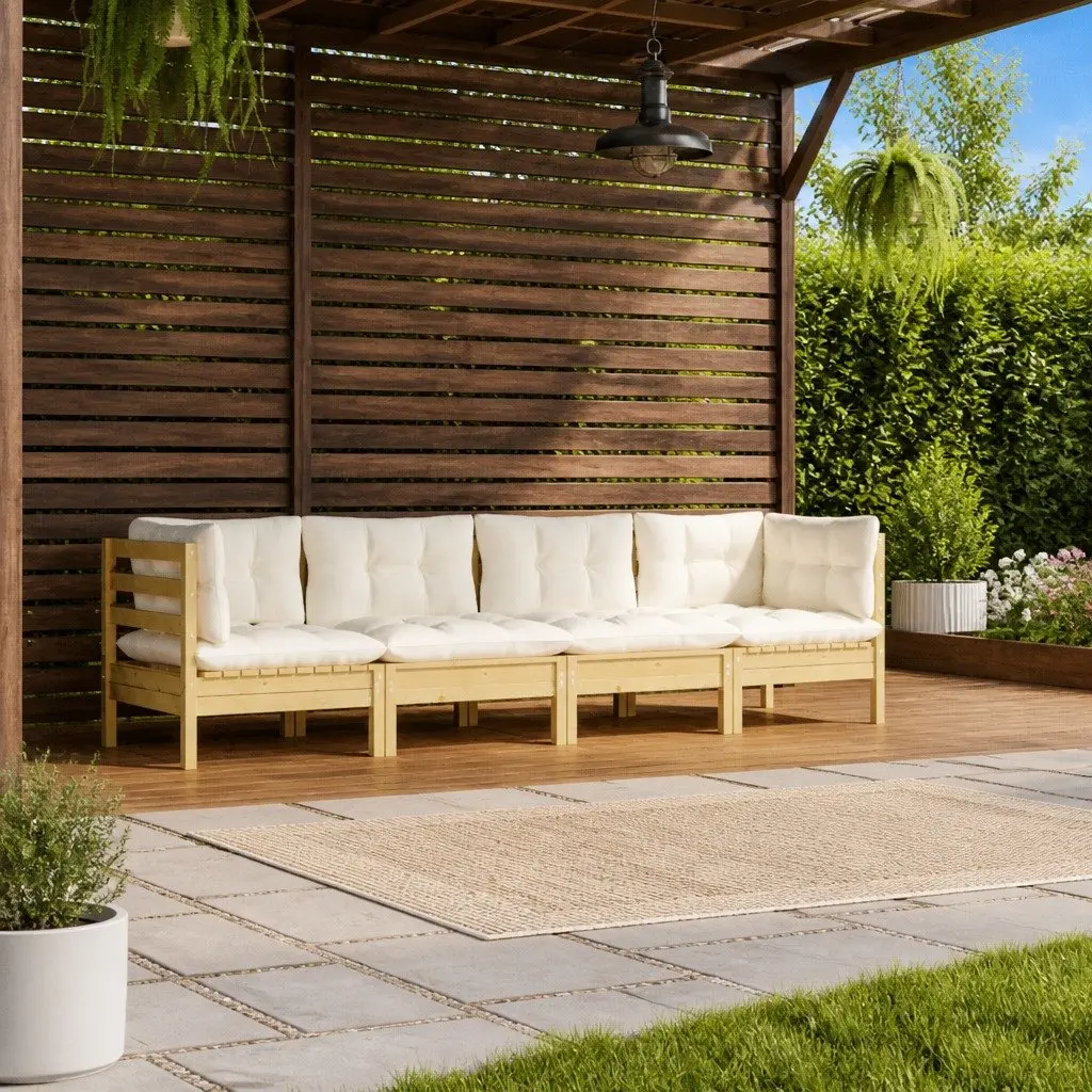4 Piece Modular Garden Lounge Set Outdoor Furniture for Patio with Cream Cushions in Solid Pinewood
