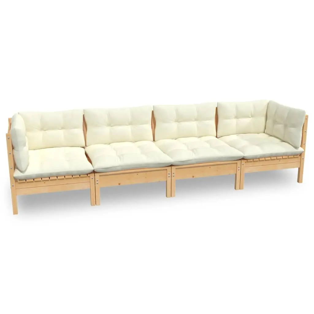 4 Piece Modular Garden Lounge Set Outdoor Furniture for Patio with Cream Cushions in Solid Pinewood