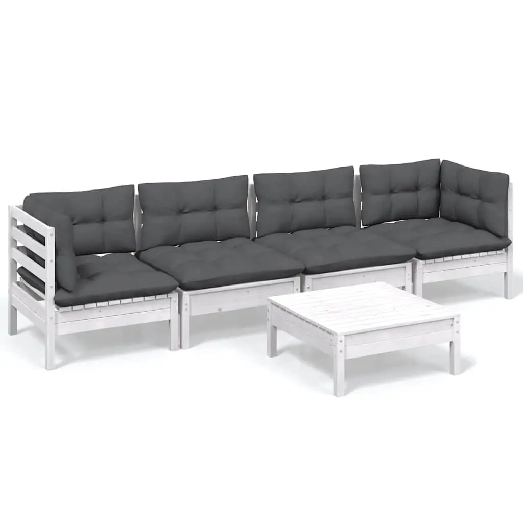 Outdoor Lounge Furniture Set 5 Piece Modular White Solid Pinewood with Cushions