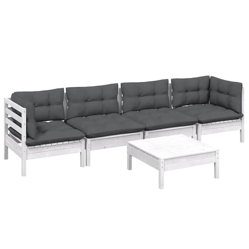 Outdoor Lounge Furniture Set 5 Piece Modular White Solid Pinewood with Cushions