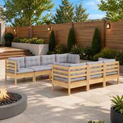 Solid Wood 8 Piece Outdoor Lounge Set with Grey Cushions