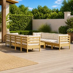 9 Piece Garden Lounge Set: Modular, Cream Cushions & Pinewood