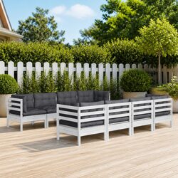 9-Piece Modular Lounge Set: White Solid Pinewood with Cushions