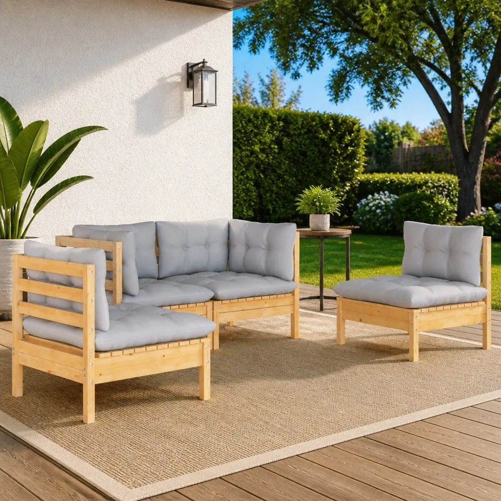 4 Piece Garden Lounge Set Outdoor Patio Furniture Solid Pinewood Grey Cushions