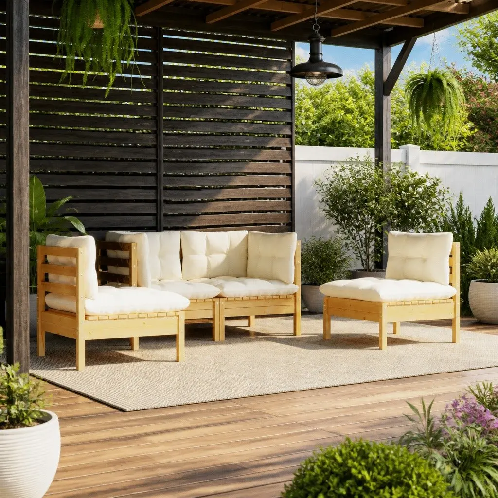 Garden Lounge Set Outdoor Patio Furniture 4 Piece Pinewood with Cream Cushions