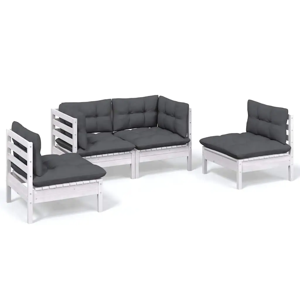 4 Piece Garden Lounge Set for Patio and Outdoor Use Solid Pinewood with Cushions White