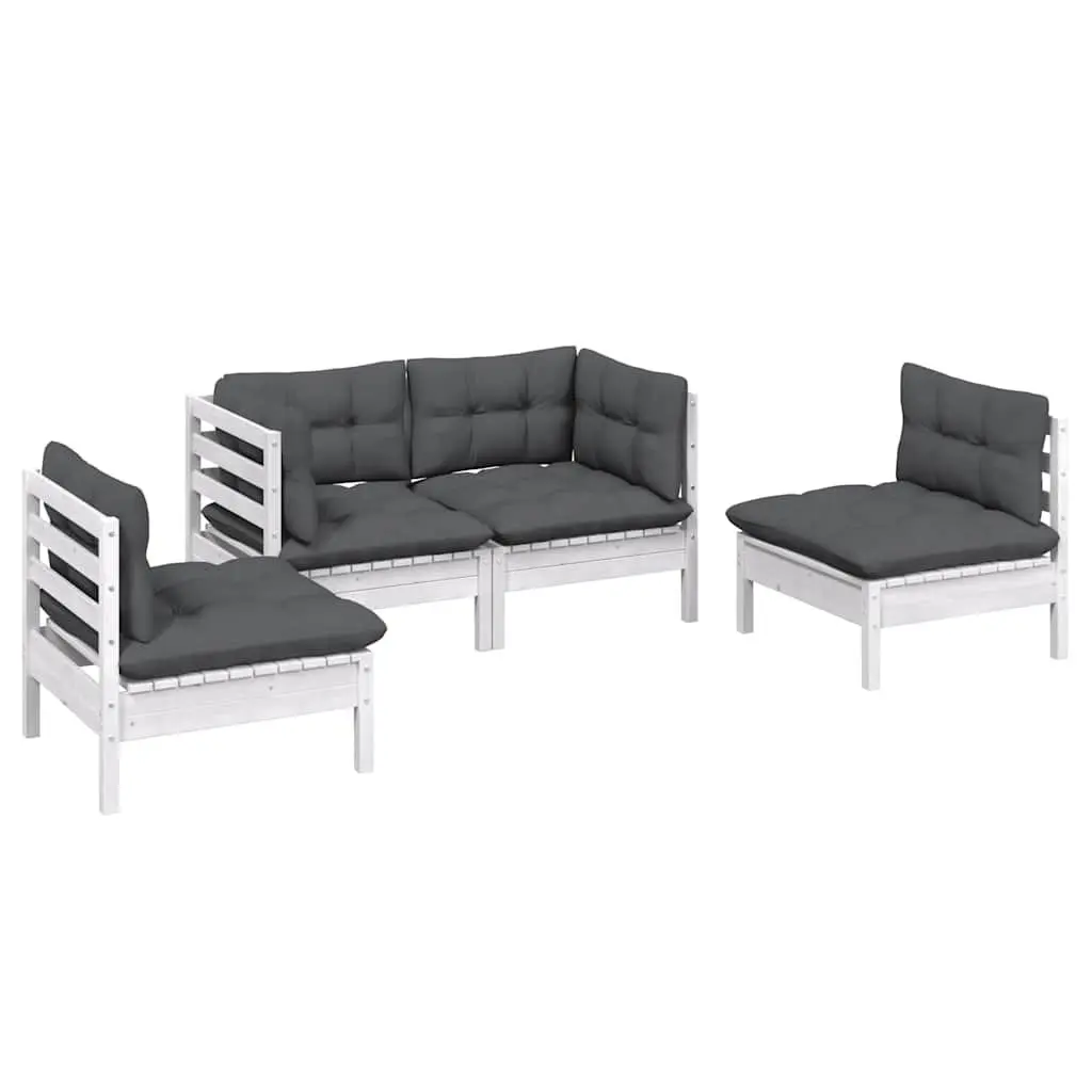 4 Piece Garden Lounge Set for Patio and Outdoor Use Solid Pinewood with Cushions White