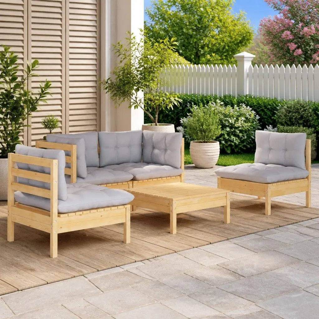 5 Piece Modular Lounge Set with Solid Pinewood and Grey Cushions