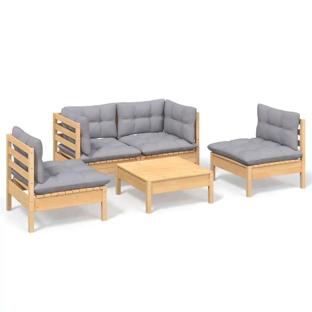 5 Piece Modular Lounge Set with Solid Pinewood and Grey Cushions