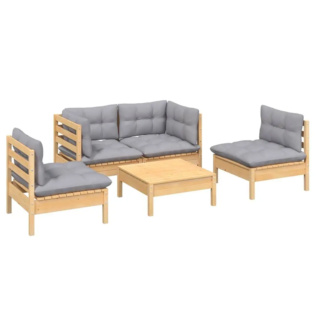 5 Piece Modular Lounge Set with Solid Pinewood and Grey Cushions