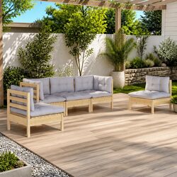 5 Piece Garden Lounge Set: Solid Pinewood with Grey Cushions