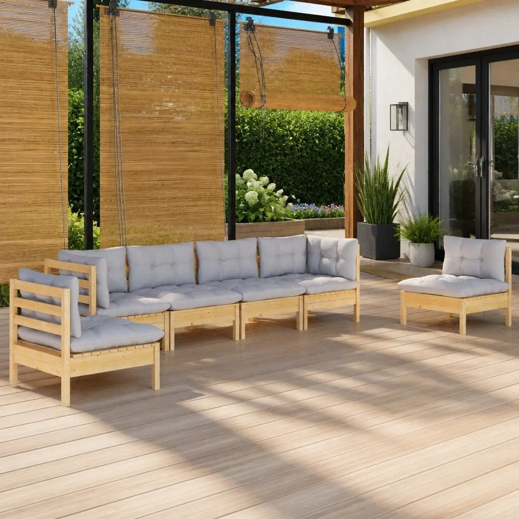Garden Lounge Set Outdoor Furniture for Patio 6 Piece Solid Pinewood with Grey Cushions