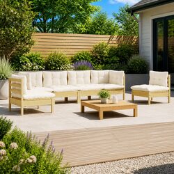 Garden Lounge Set: 6 Pieces of Solid Pinewood with Cushions