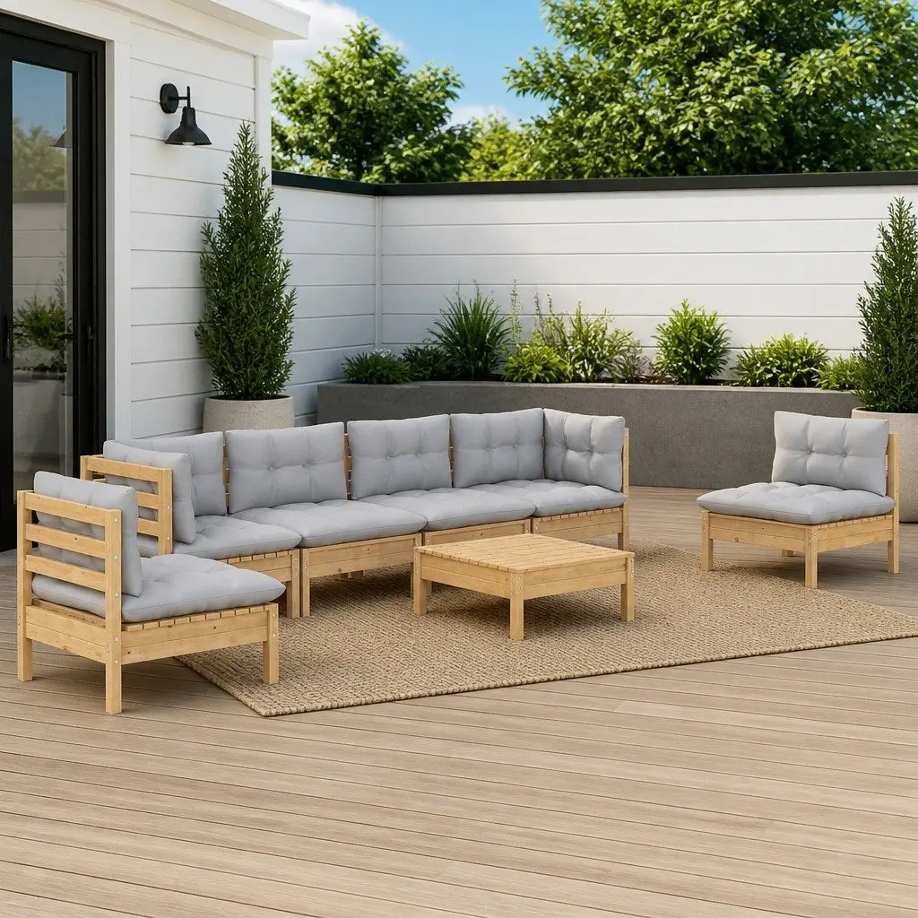 Garden Lounge Set Outdoor Patio Furniture 7 Piece Grey Cushions Pinewood