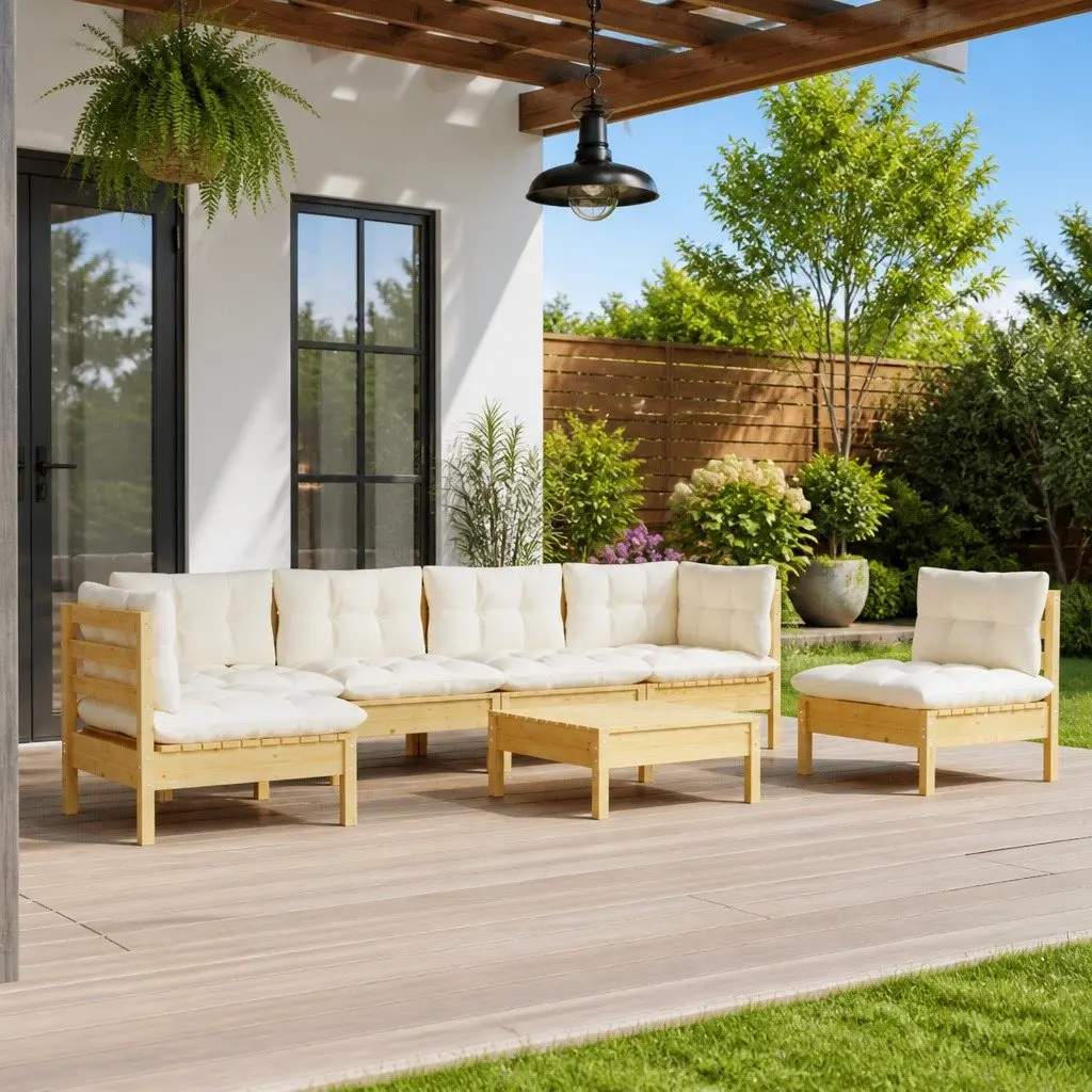 Garden Lounge Set Patio Furniture 7 Piece Solid Pinewood with Cream Cushions