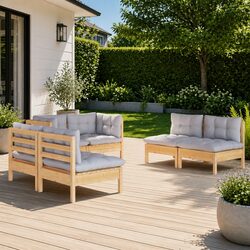 Garden Lounge Set 6 Piece Solid Pinewood, Grey Cushions Included