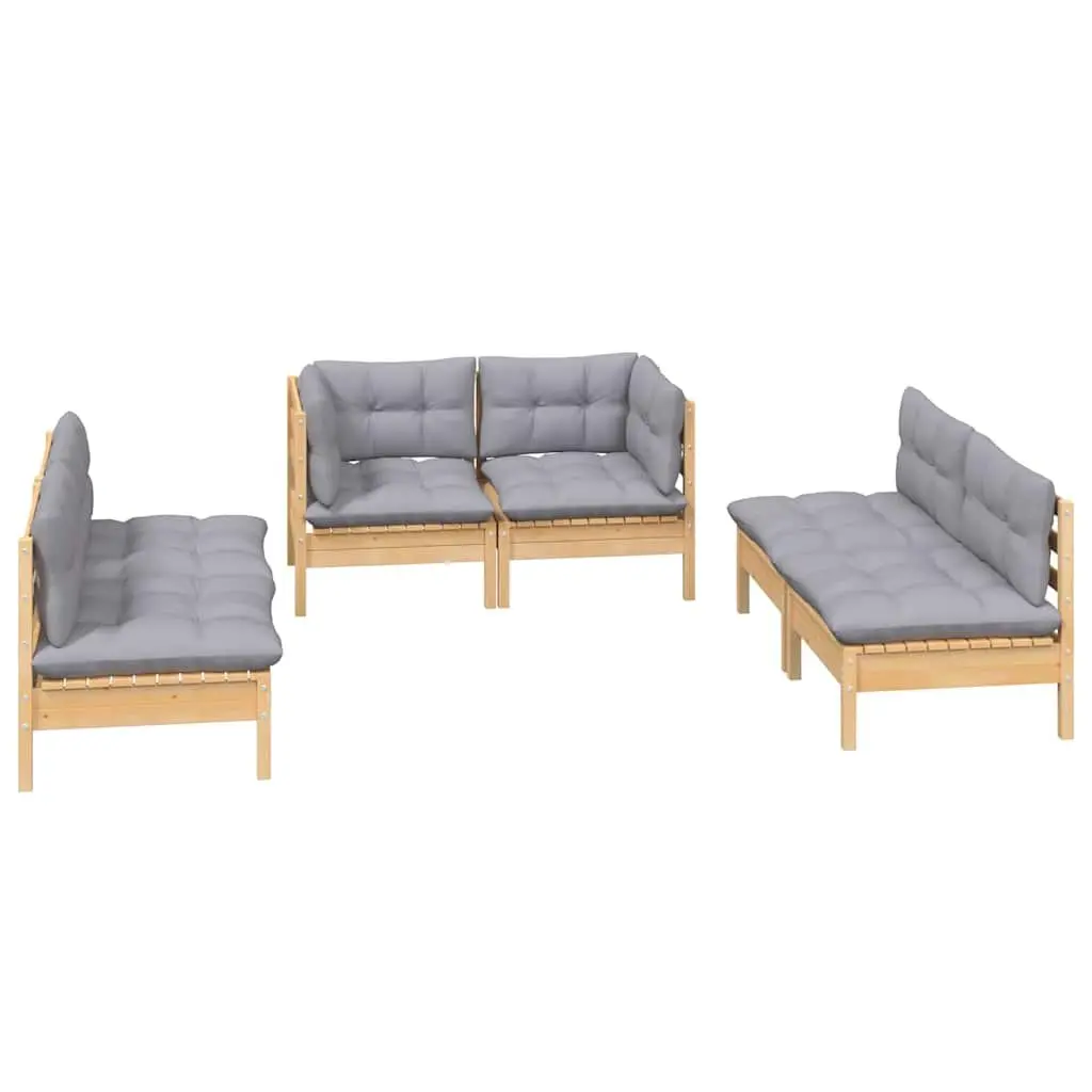 Garden Lounge Set Modular Patio Furniture 6 Piece Solid Pinewood with Grey Cushions