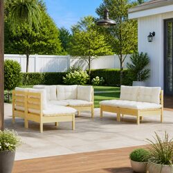 6 Piece Outdoor Lounge Set: Pinewood Construction & Cushions