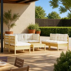 7 Piece Outdoor Garden Lounge Furniture Set Pinewood Patio with Cream Cushions