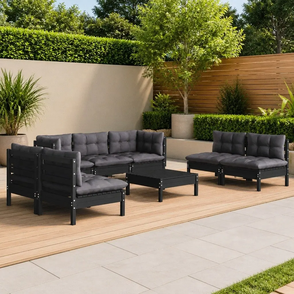 Outdoor Lounge Set 8 Piece Black Cushioned Solid Pinewood Garden Furniture