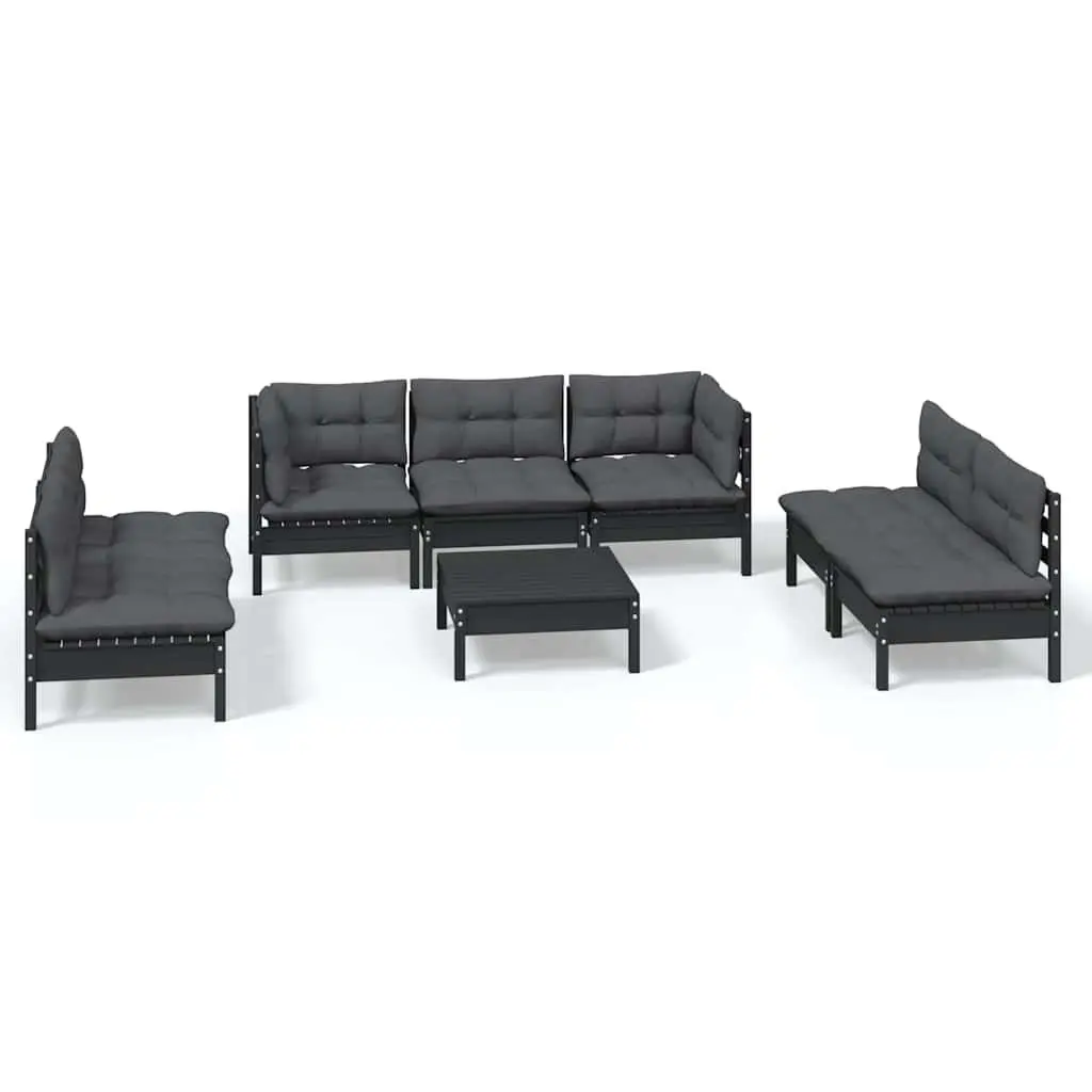 Outdoor Lounge Set 8 Piece Black Cushioned Solid Pinewood Garden Furniture