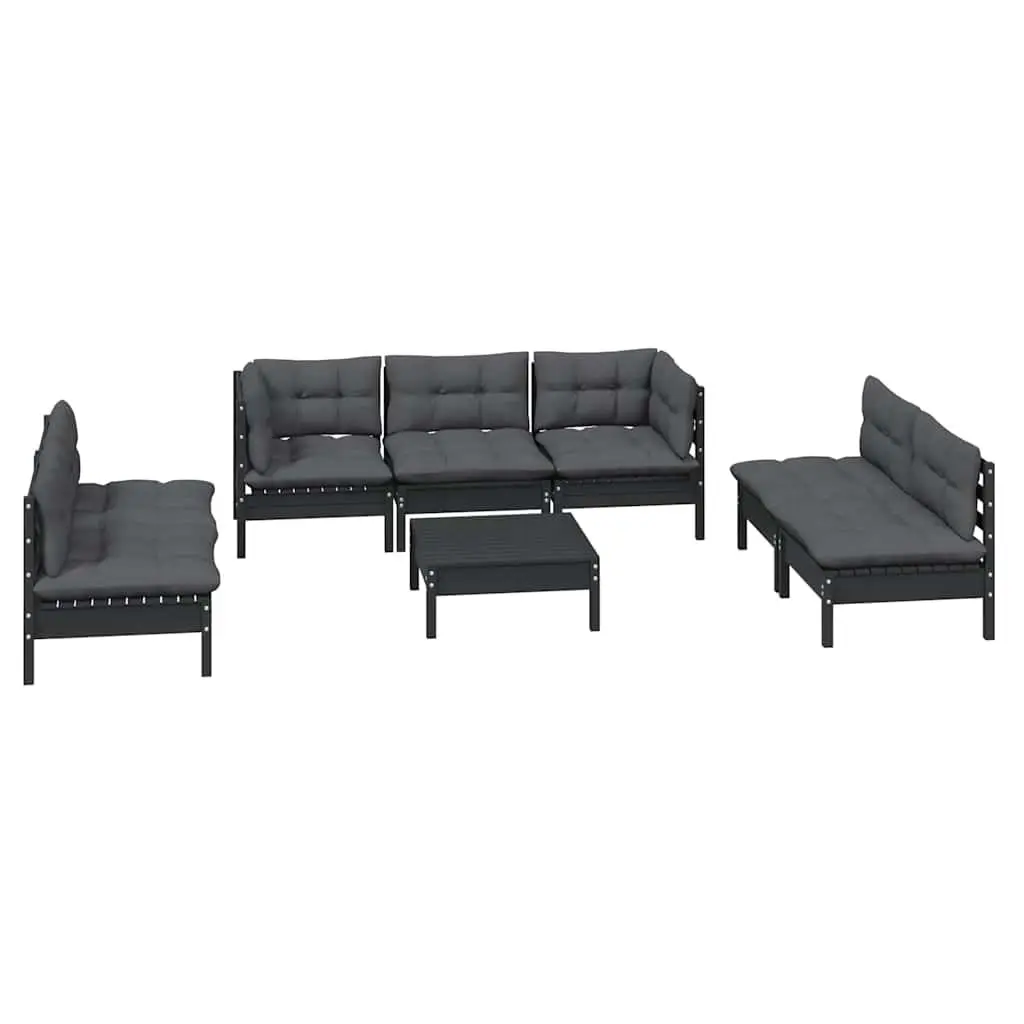 Outdoor Lounge Set 8 Piece Black Cushioned Solid Pinewood Garden Furniture