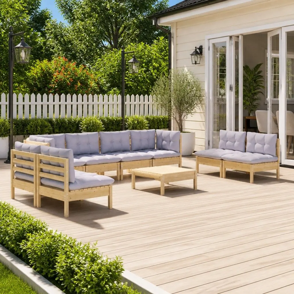 Garden Lounge Set Outdoor Patio Furniture 9 Piece Grey Cushions Pinewood