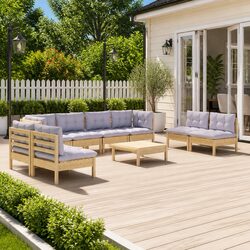 9 Piece Outdoor Lounge Set with Solid Pinewood and Cushions