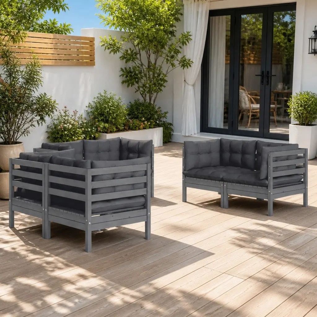 6-Piece Outdoor Lounge Set, Solid Pinewood and Grey Cushions