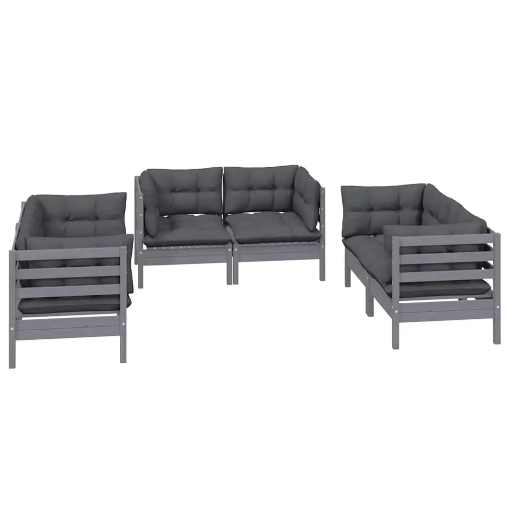 6-Piece Outdoor Lounge Set, Solid Pinewood and Grey Cushions