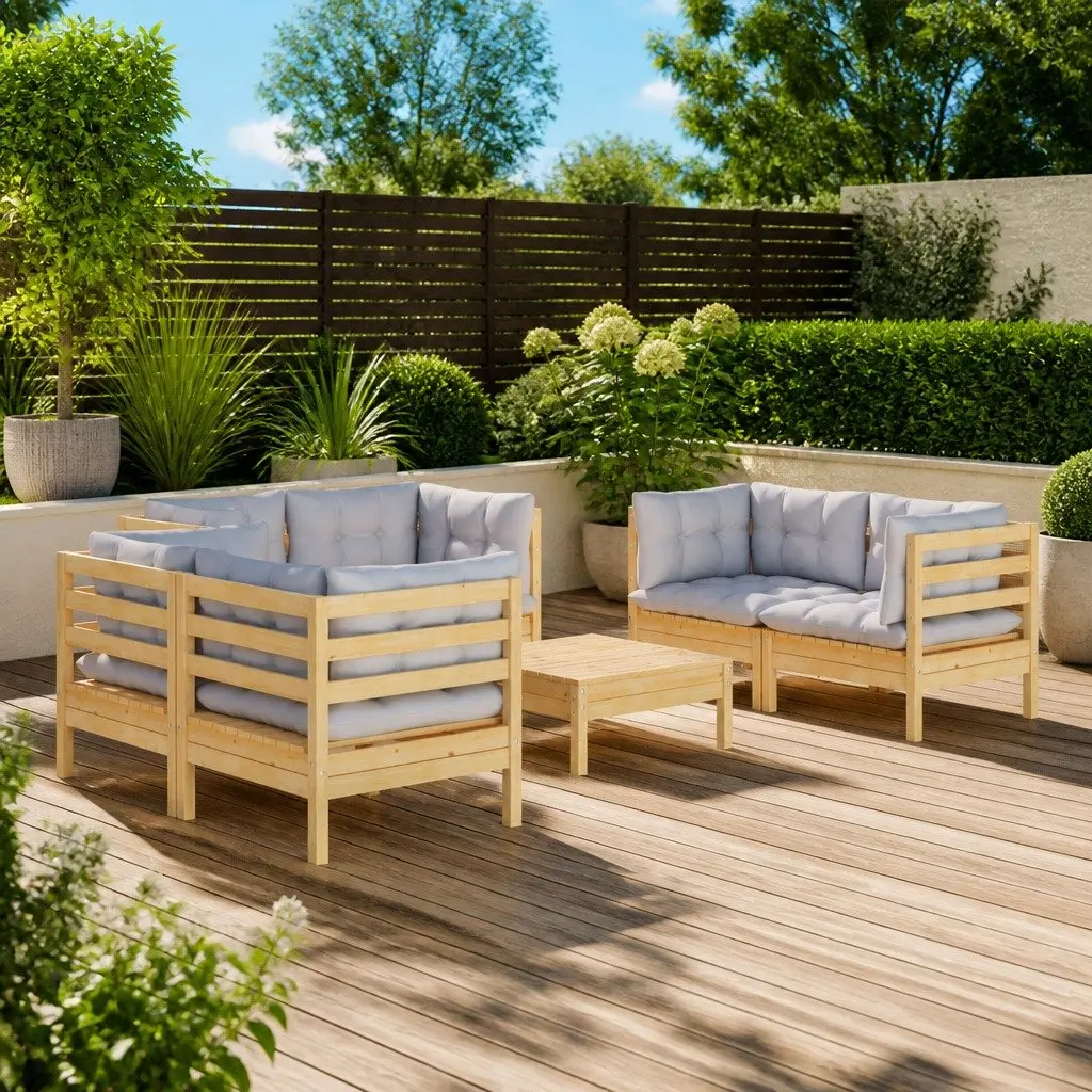 7 Piece Modular Garden Lounge Set Outdoor Patio Furniture Pinewood with Grey Cushions