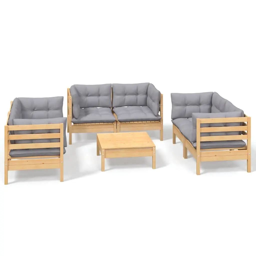 7 Piece Modular Garden Lounge Set Outdoor Patio Furniture Pinewood with Grey Cushions