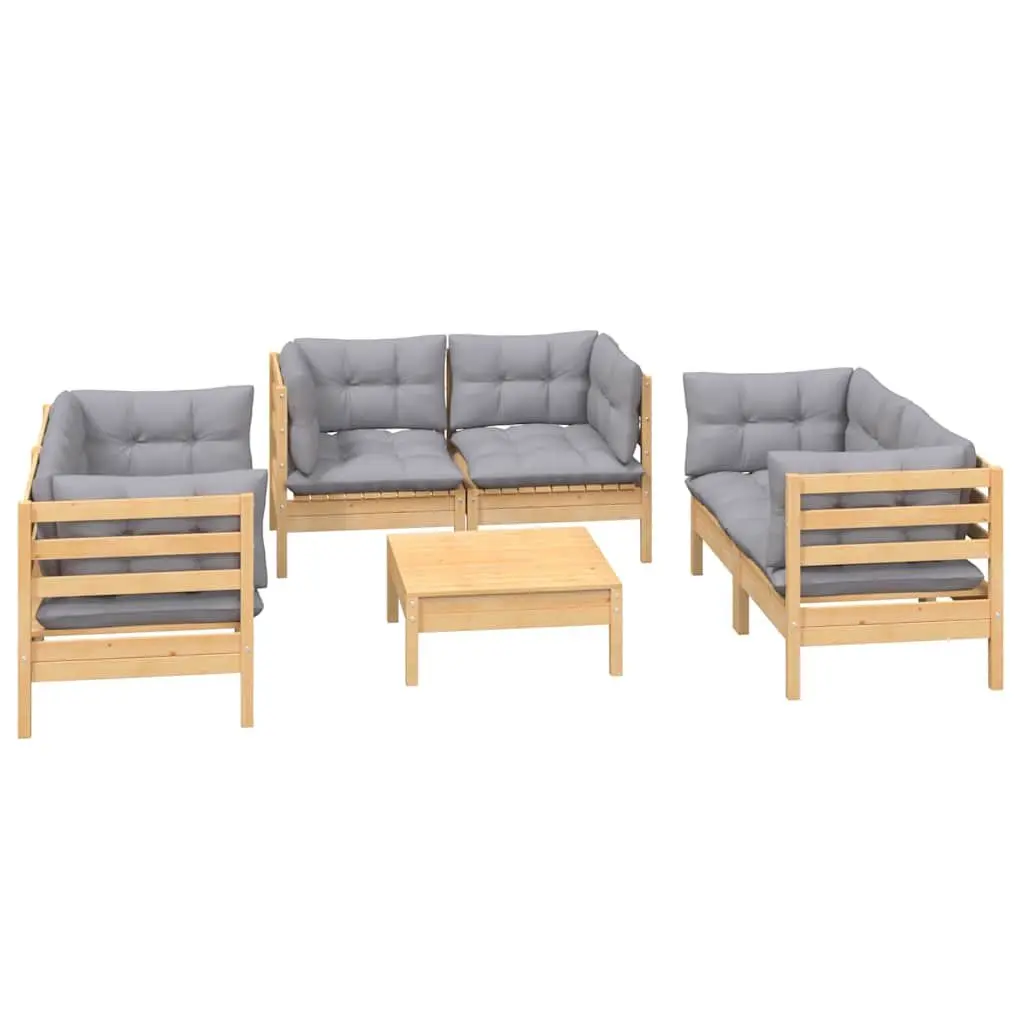 7 Piece Modular Garden Lounge Set Outdoor Patio Furniture Pinewood with Grey Cushions