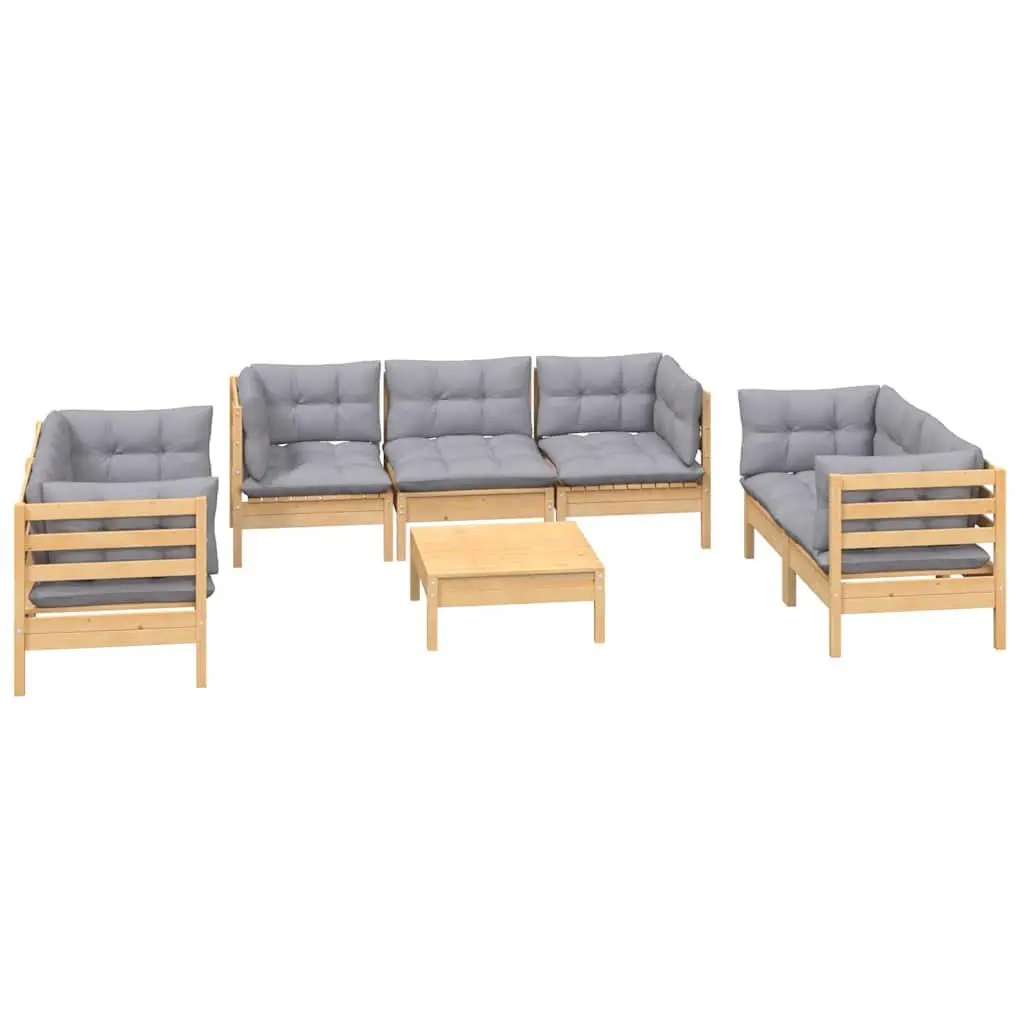 Garden Lounge Set 8 Piece Outdoor Furniture Grey Cushions Solid Pinewood Modular