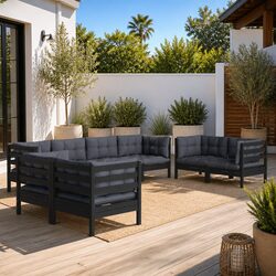 8 Piece Outdoor Lounge Set in Black with Pinewood Frame