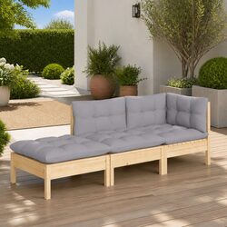 3 Piece Solid Pinewood Garden Lounge Set with Cushions