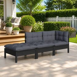 3-Piece Garden Lounge Set: Pinewood, Black, Cushions Included