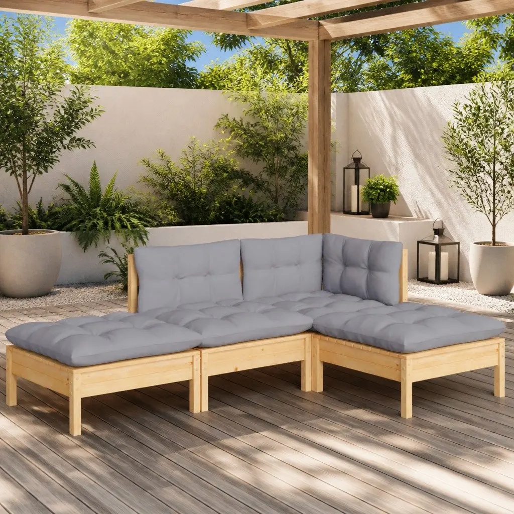 Garden Lounge Set 4 Piece Outdoor Patio Furniture Grey Cushions Pinewood