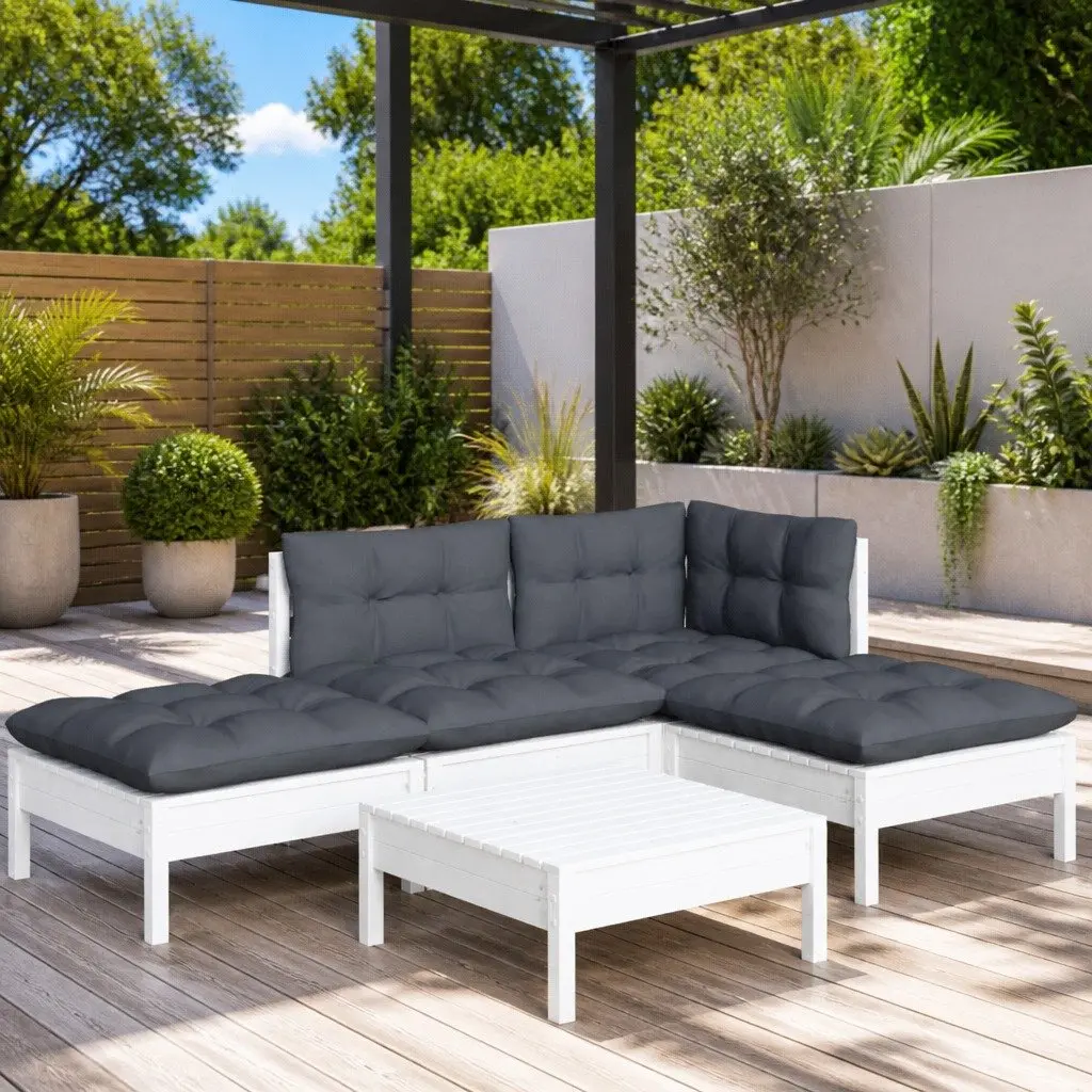 Garden Lounge Set 5 Piece White Pinewood Outdoor Furniture with Cushions Patio
