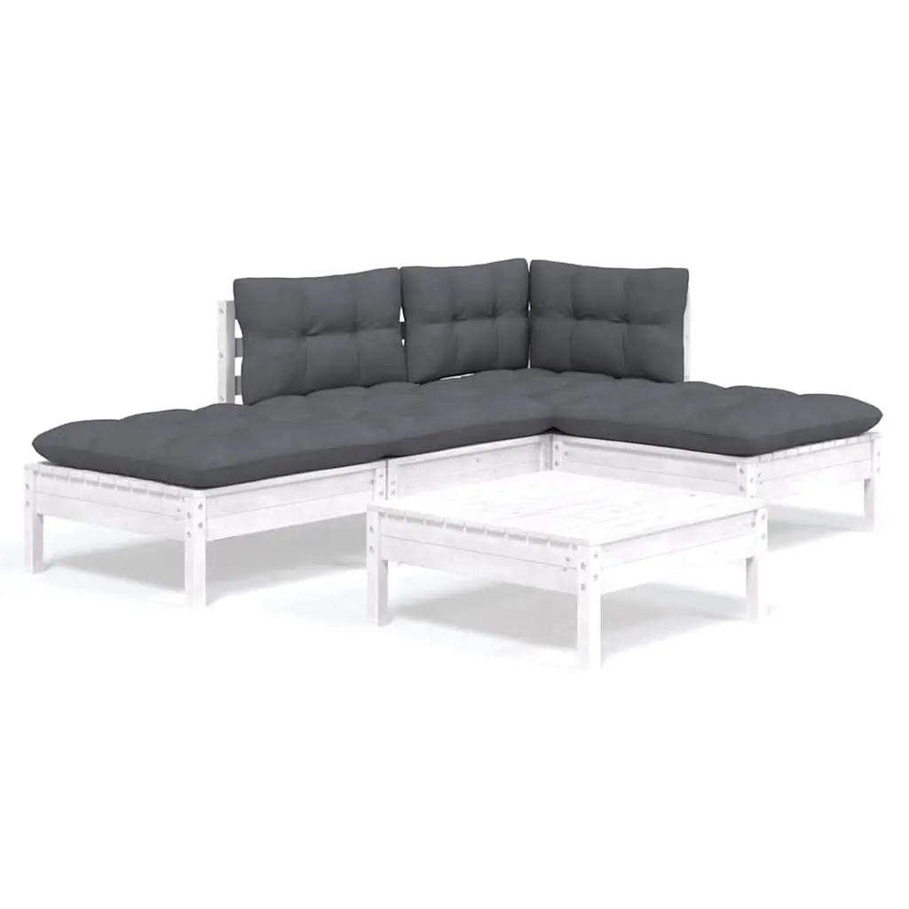 Garden Lounge Set 5 Piece White Pinewood Outdoor Furniture with Cushions Patio