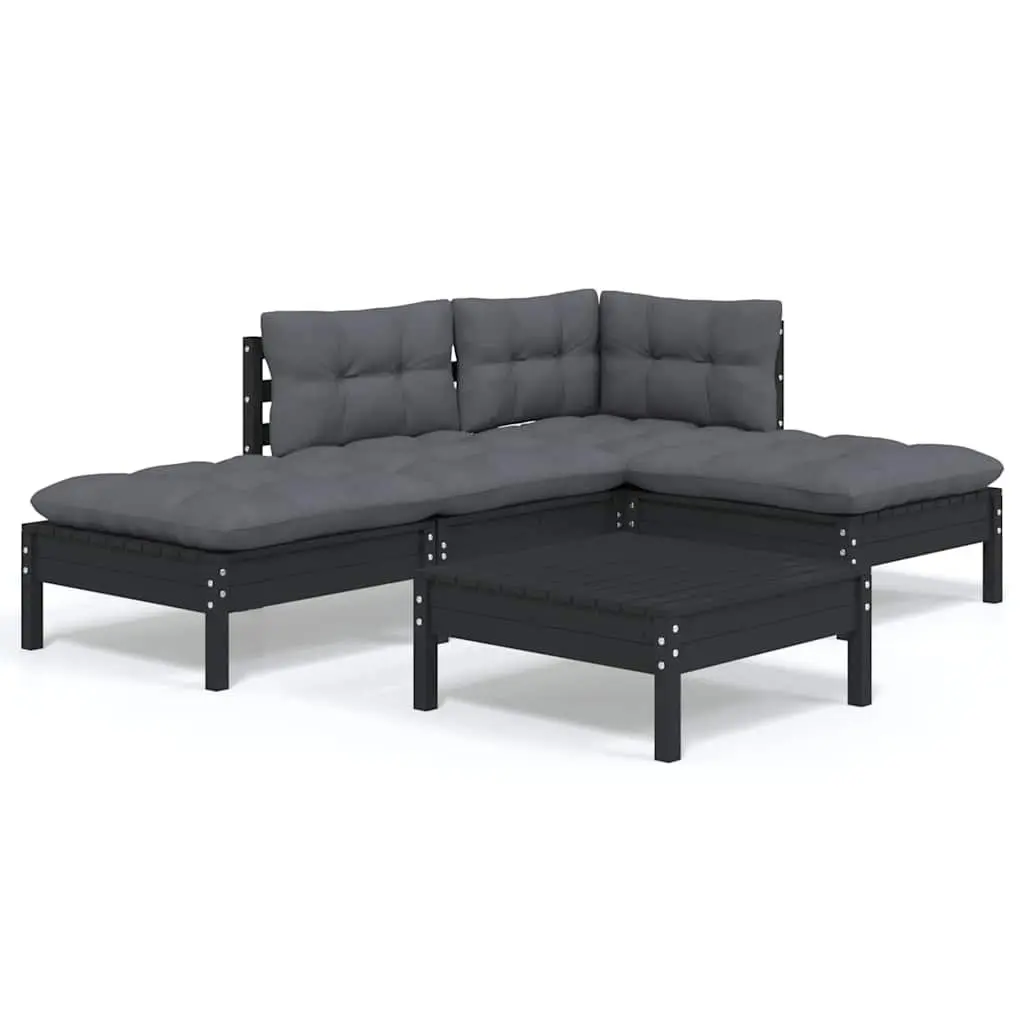 Garden Lounge Set 5 Piece Black Pinewood Patio Furniture with Cushions Modular