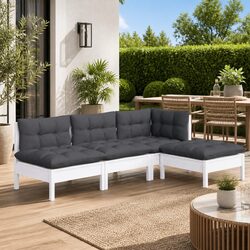 Garden Lounge Set 4 Piece White Pinewood Outdoor Furniture with Cushions Patio