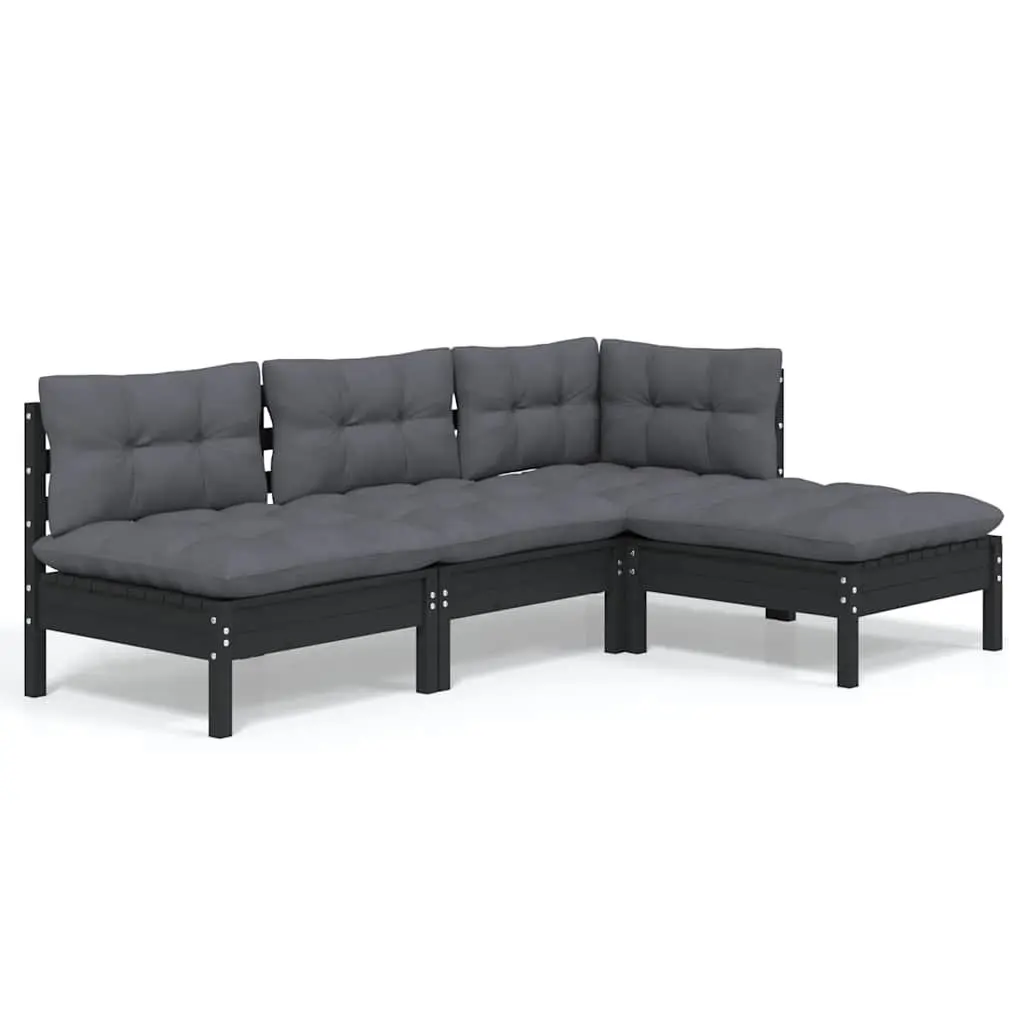 Garden Lounge Set Outdoor 4 Piece Black Pinewood Patio Furniture with Cushions